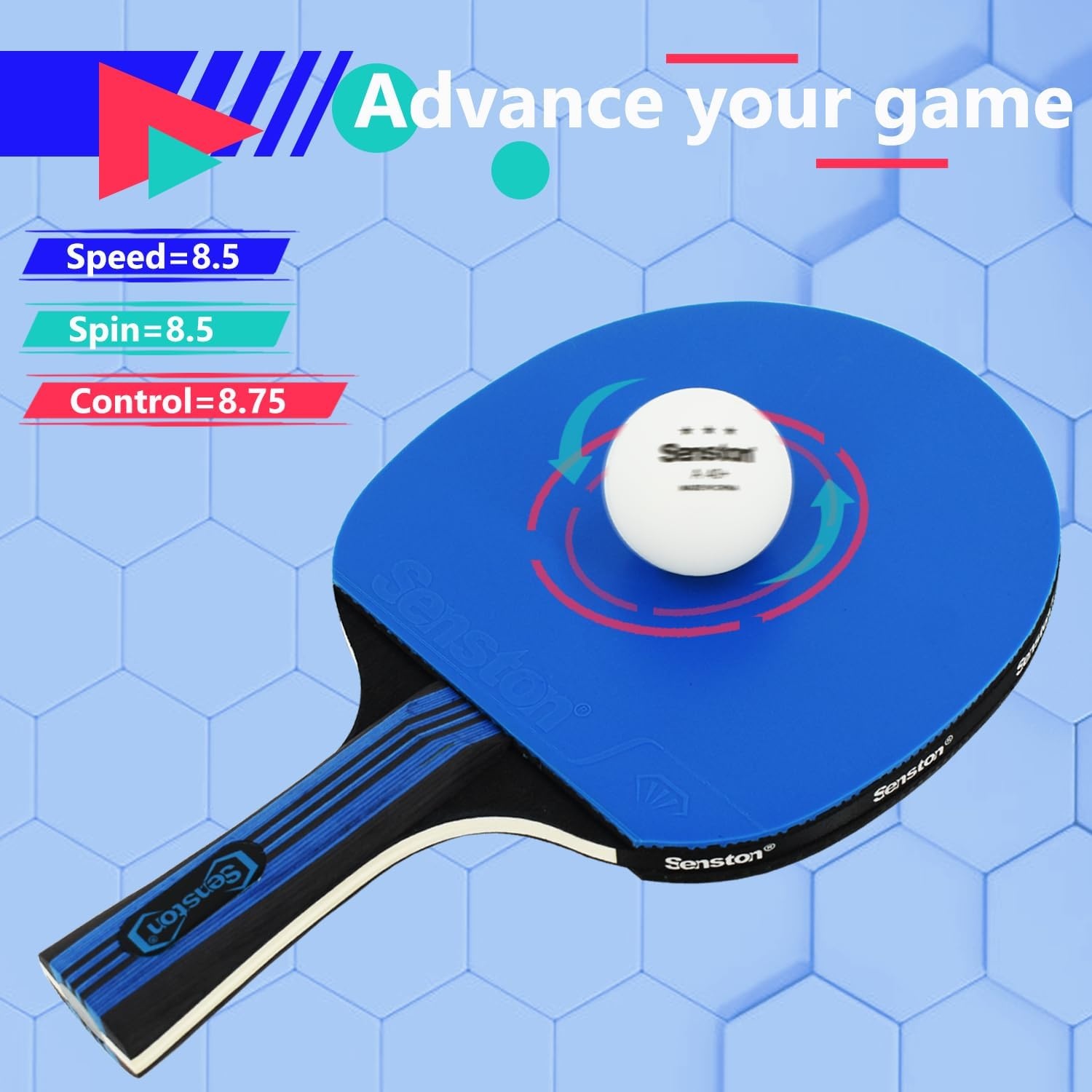 image:imageSenston 5Ply Ping Pong Paddles Set Premium Wood Table Tennis Set of 4 with 6 Balls amp Portable Carry Case HighControl 2mm Sponge amp Ergonomic NonSlip Grip for Beginners amp Family PlayBlueBlue