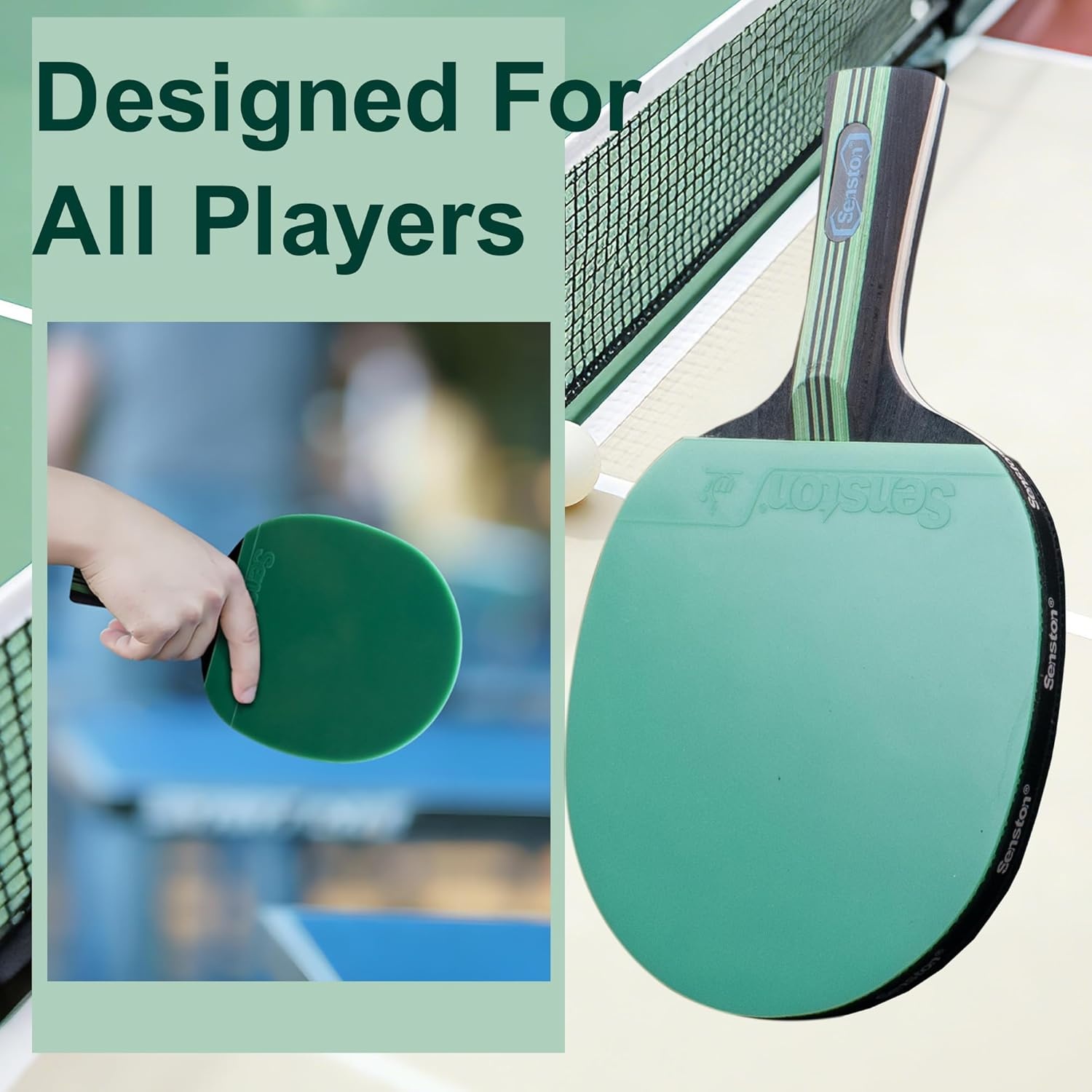 image:imageSenston 5Ply Ping Pong Paddles Set Premium Wood Table Tennis Set of 4 with 6 Balls amp Portable Carry Case HighControl 2mm Sponge amp Ergonomic NonSlip Grip for Beginners amp Family PlayGreenPurple