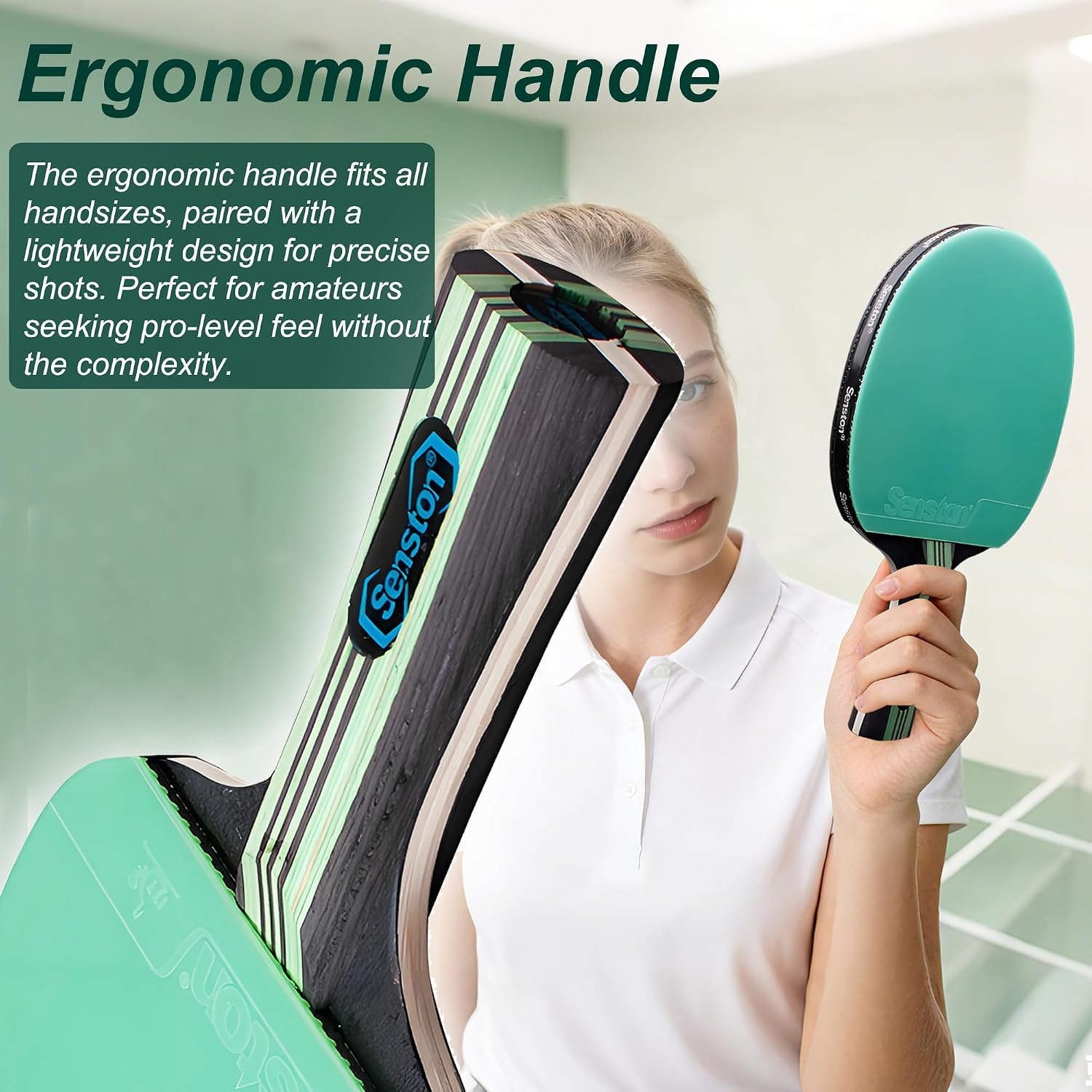 image:imageSenston 5Ply Ping Pong Paddles Set Premium Wood Table Tennis Set of 4 with 6 Balls amp Portable Carry Case HighControl 2mm Sponge amp Ergonomic NonSlip Grip for Beginners amp Family PlayGreenPurple
