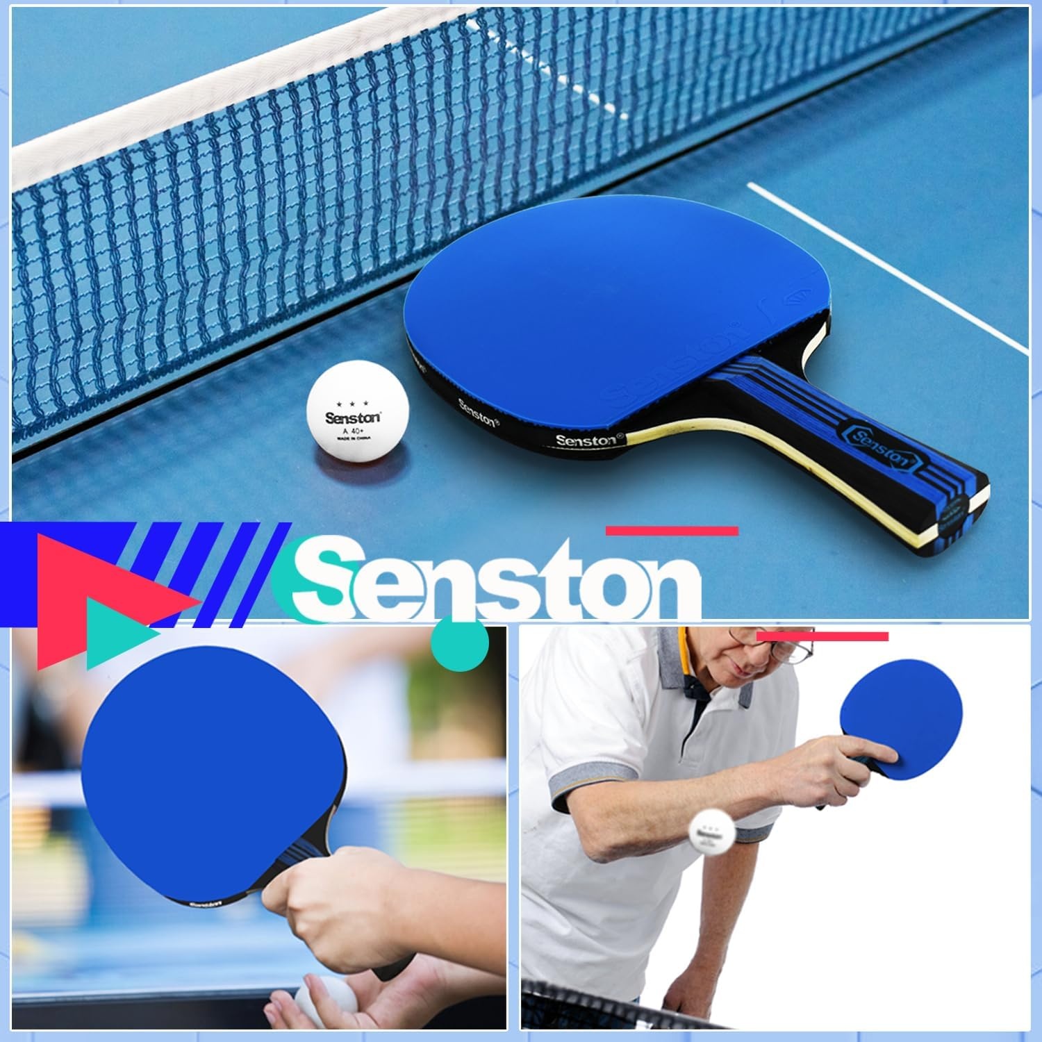 image:imageSenston 5Ply Ping Pong Paddles Set Premium Wood Table Tennis Set of 4 with 6 Balls amp Portable Carry Case HighControl 2mm Sponge amp Ergonomic NonSlip Grip for Beginners amp Family PlayBlueBlue