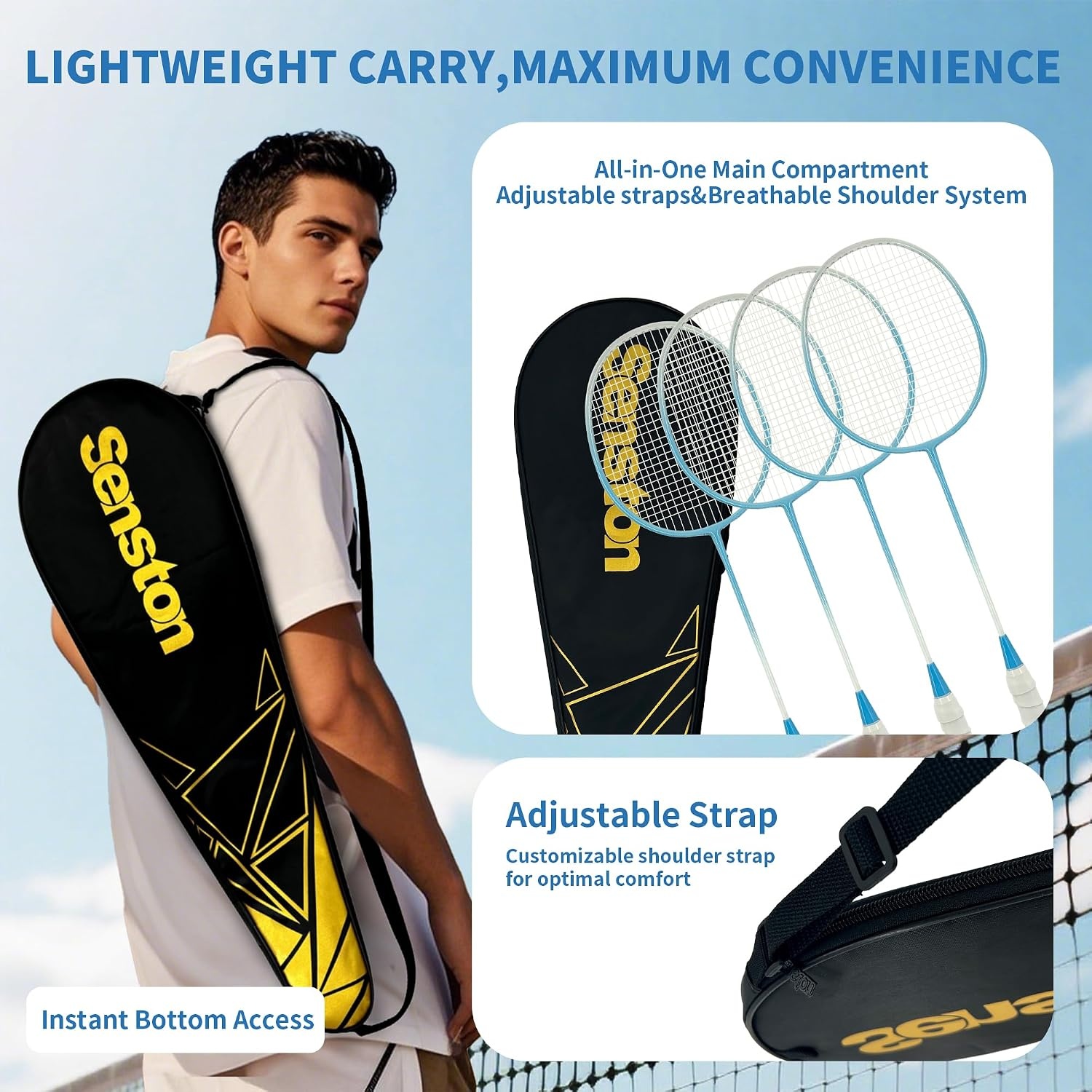 image:imageSenston Badminton Rackets Set for Backyards Badminton Set Includ 4 Rackets 6 Birdies 4 NonSlip Grips 1 Carrying Bag Perfect for Adult Beginners Family amp Casual Outdoor GamesBlue