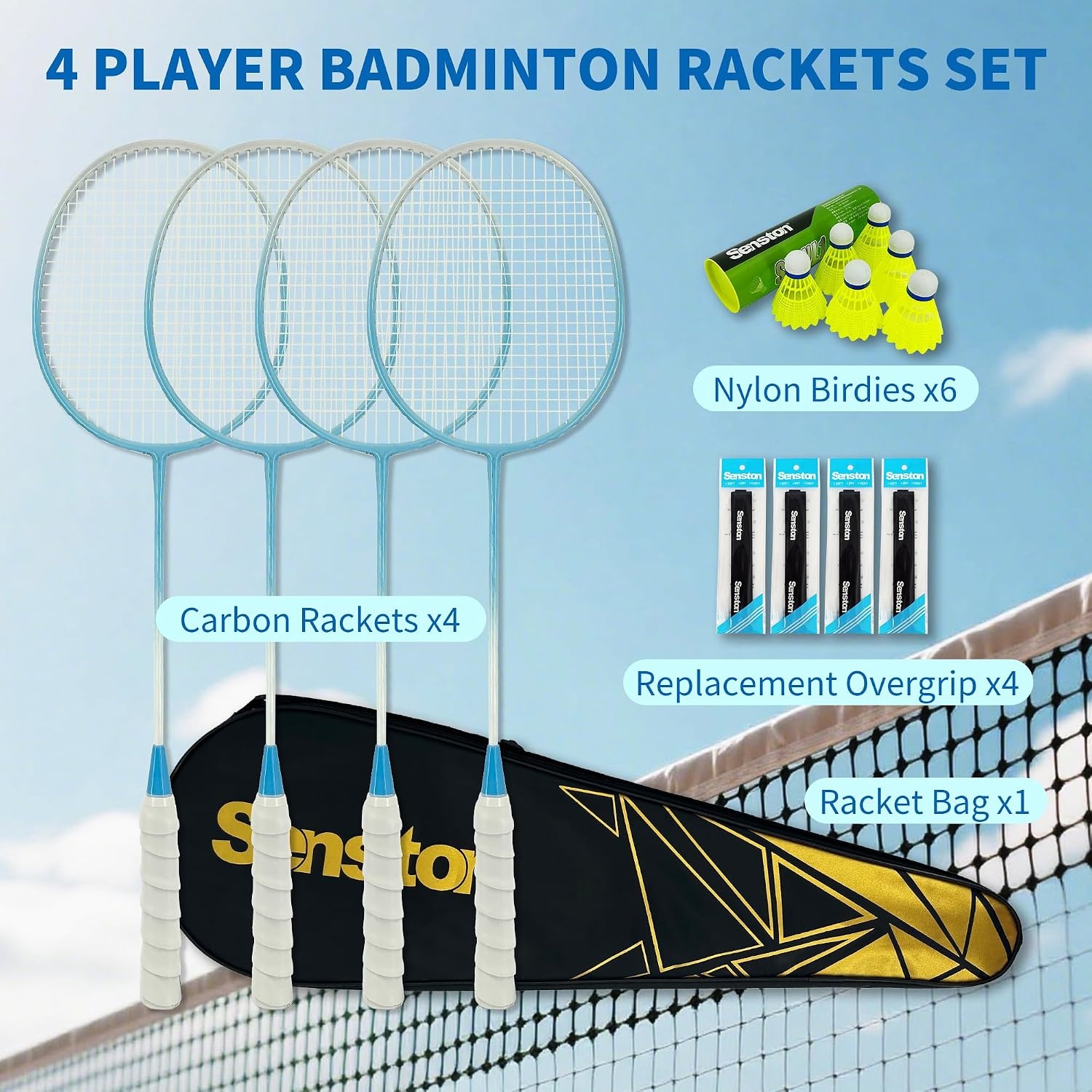 image:imageSenston Badminton Rackets Set for Backyards Badminton Set Includ 4 Rackets 6 Birdies 4 NonSlip Grips 1 Carrying Bag Perfect for Adult Beginners Family amp Casual Outdoor GamesBlue