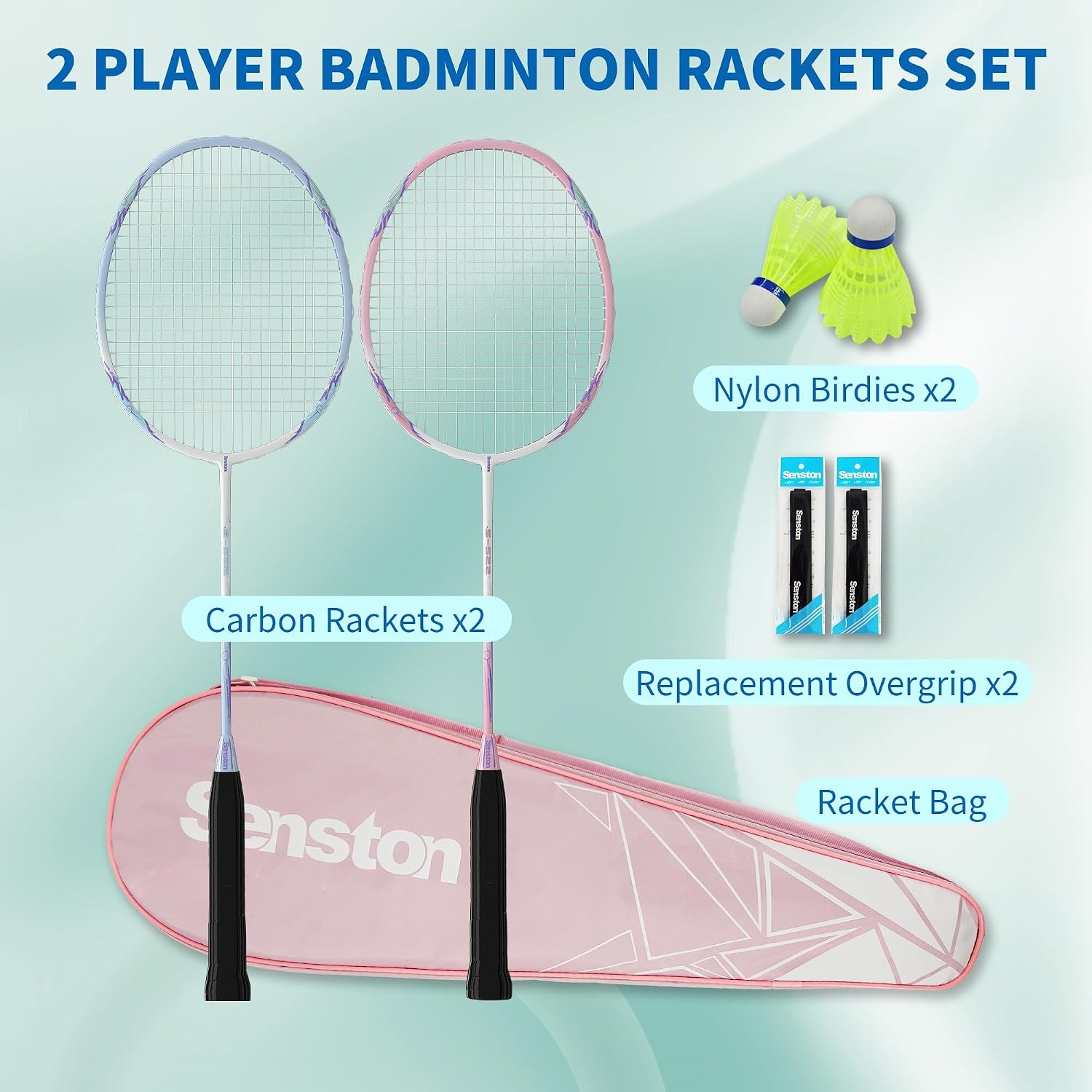image:imageSenston Carbon Fiber Composite Badminton Rackets Set of 2 Lightweight Racquets for Beginners Casual Outdoor Play amp Family Fun with Shuttlecocks Replacement Grips amp Carry BagPinkBlue