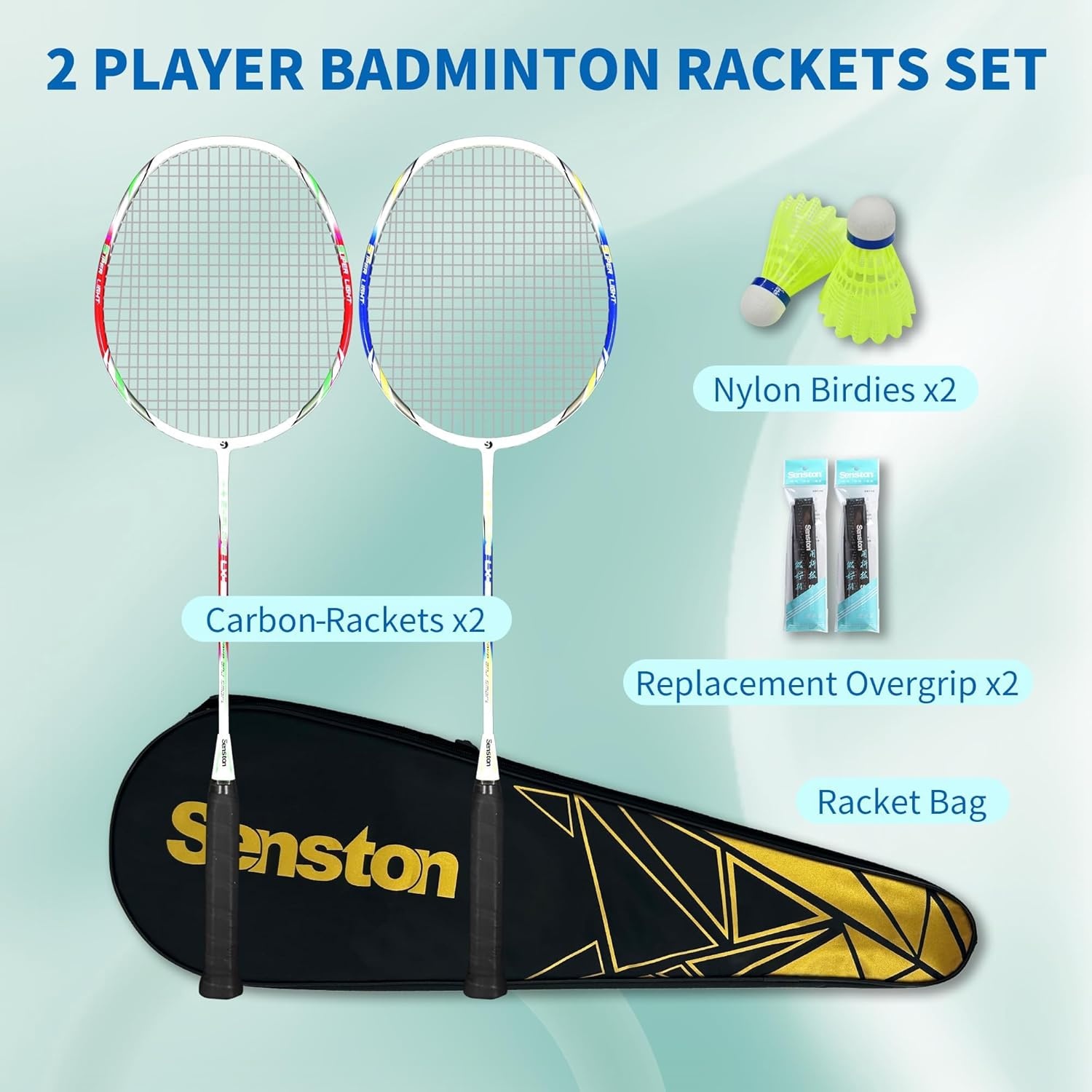 image:imageSenston Carbon Fiber Composite Badminton Rackets Set of 2 Lightweight Racquets for Beginners Casual Outdoor Play amp Family Fun with Shuttlecocks Replacement Grips amp Carry BagBlueRed