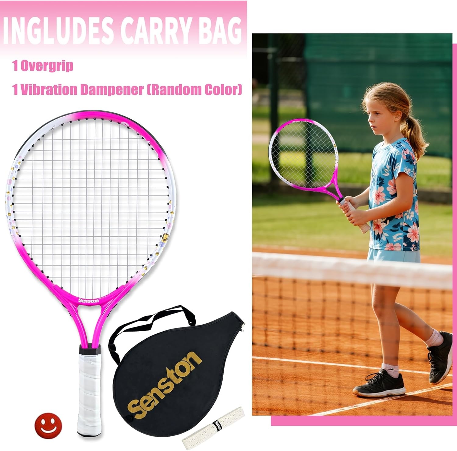 image:imageSenston Kids Tennis Racket Set 17 amp 23 Inch 1 Pack Junior Tennis Racquet Lightweight Aluminum Frame Includes Coverpink