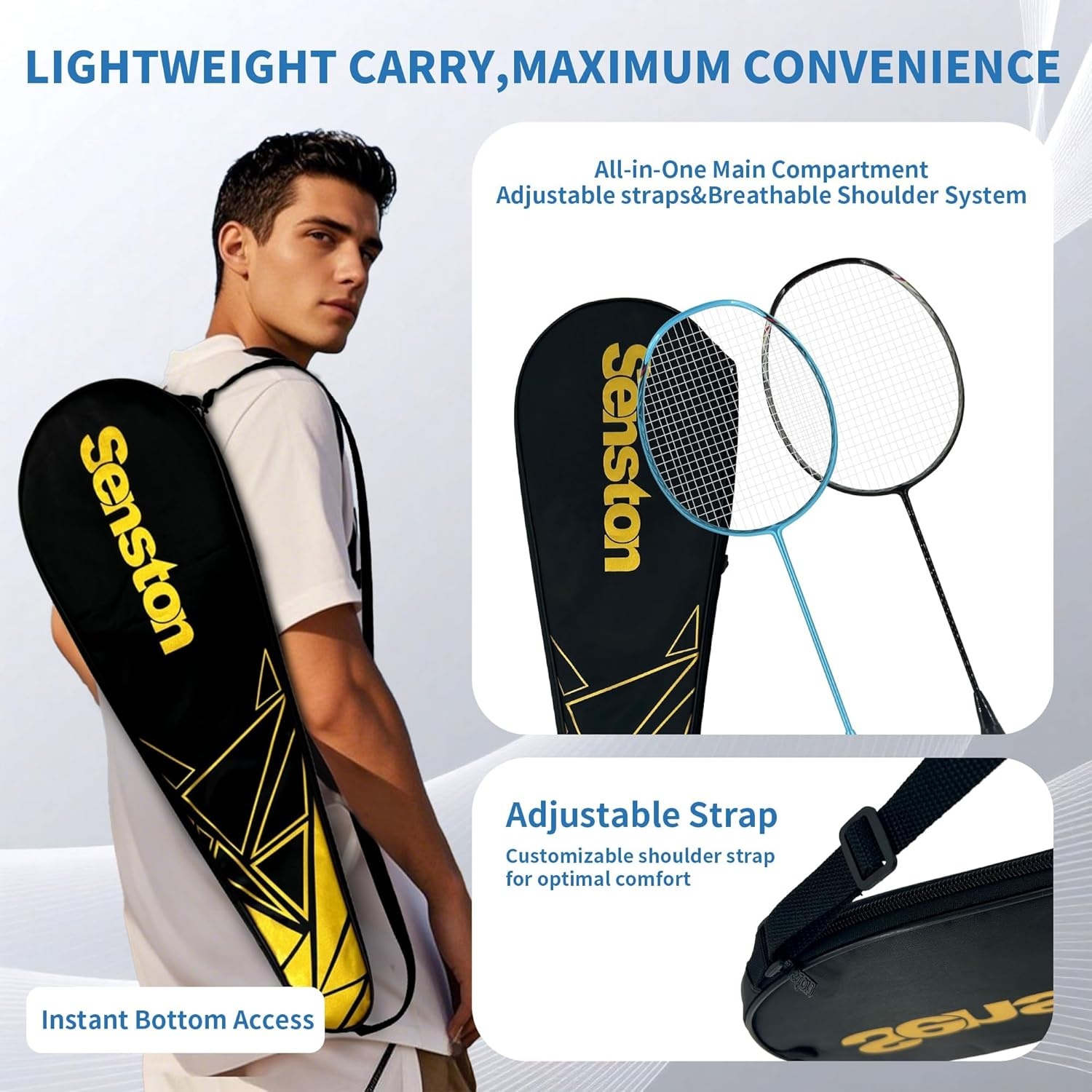 image:imageSenston N80 Carbon Fiber Badminton Racket Lightweight HighModulus Frame with AntiSlip Gripsamp 2 Carry Bagsfor OutdoorBackyard Sports Recreational Players Seeking an UpgradeBlackBlue