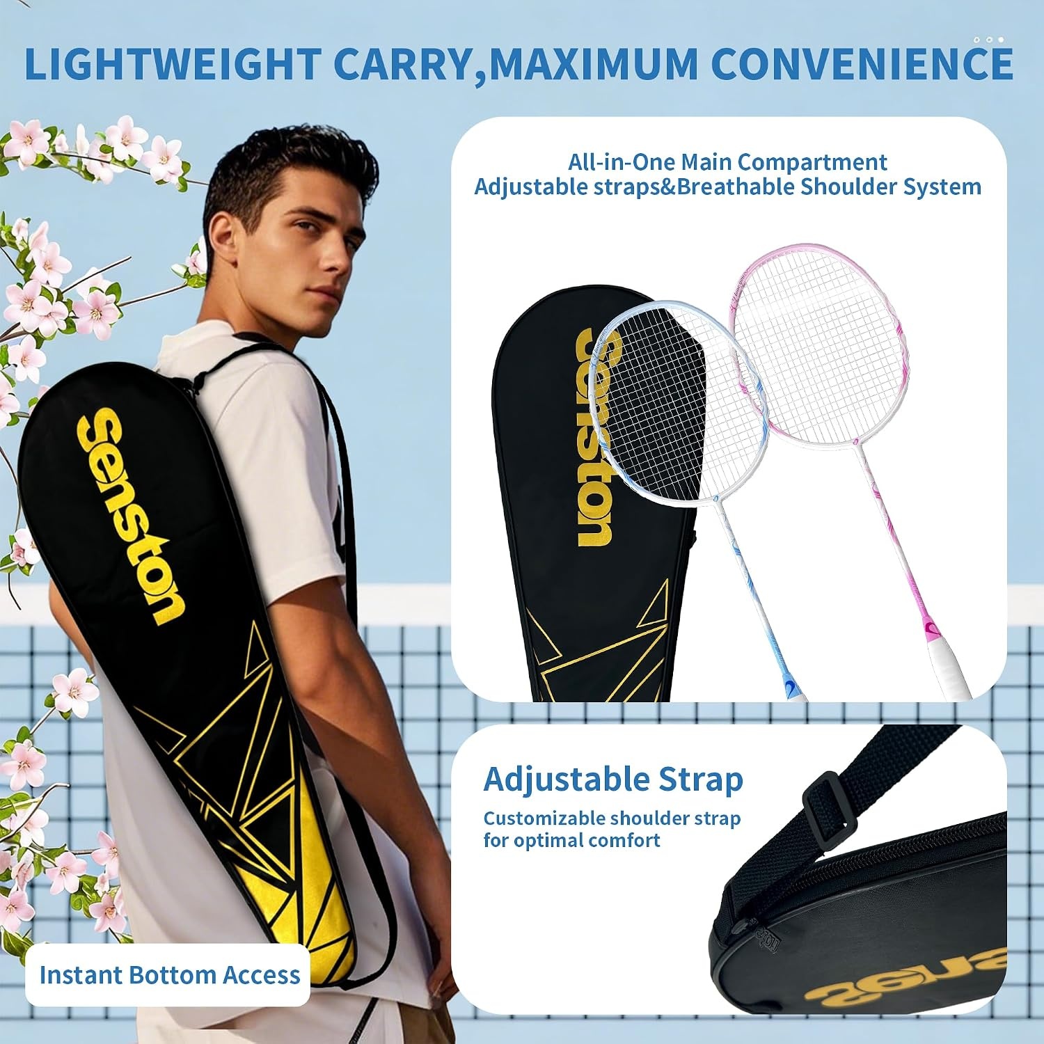 image:imageSenston N80 Carbon Fiber Badminton Racket Lightweight HighModulus Frame with AntiSlip Gripsamp 2 Carry Bagsfor OutdoorBackyard Sports Recreational Players Seeking an UpgradePinkBlue