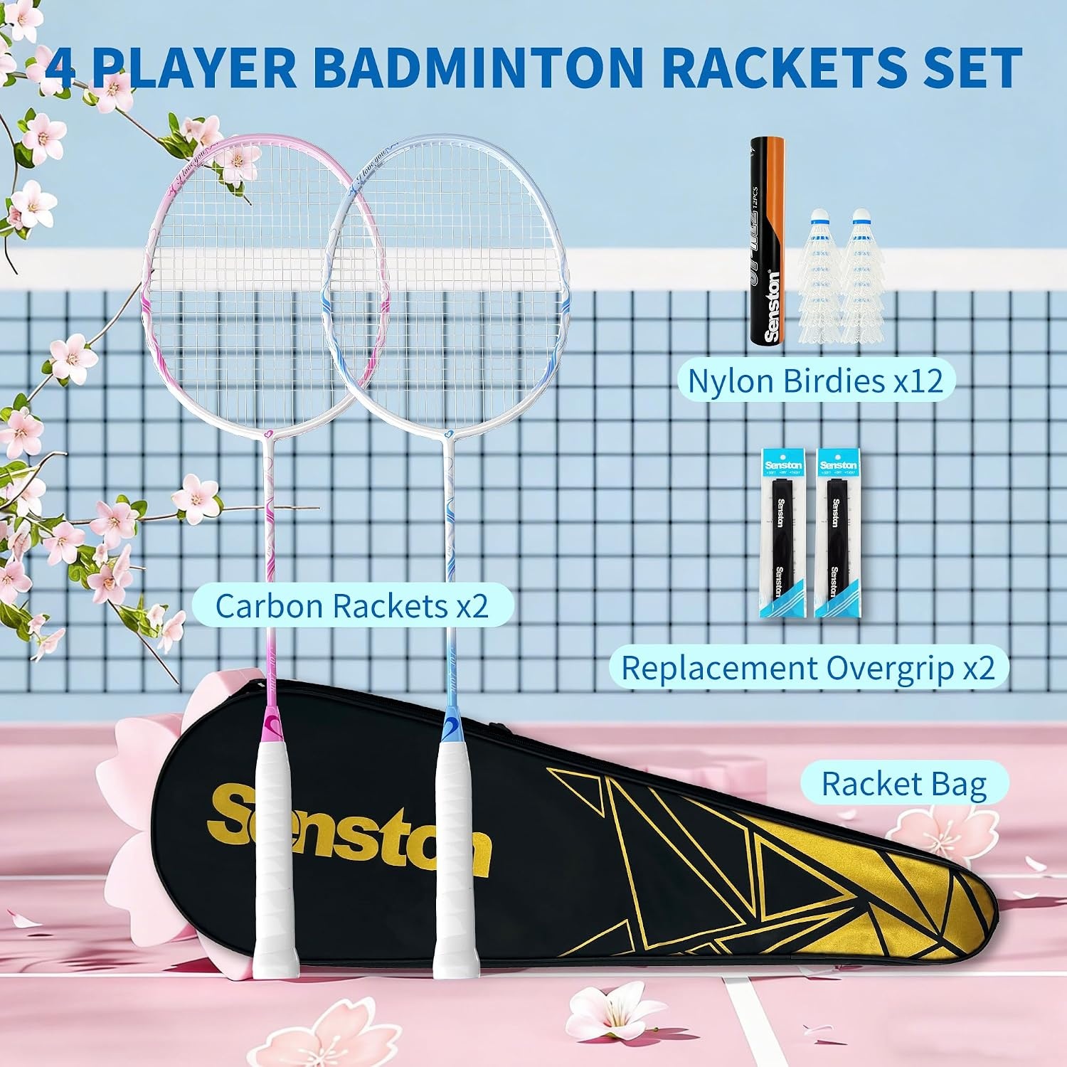 image:imageSenston N80 Carbon Fiber Badminton Racket Lightweight HighModulus Frame with AntiSlip Gripsamp 2 Carry Bagsfor OutdoorBackyard Sports Recreational Players Seeking an UpgradePinkBlue