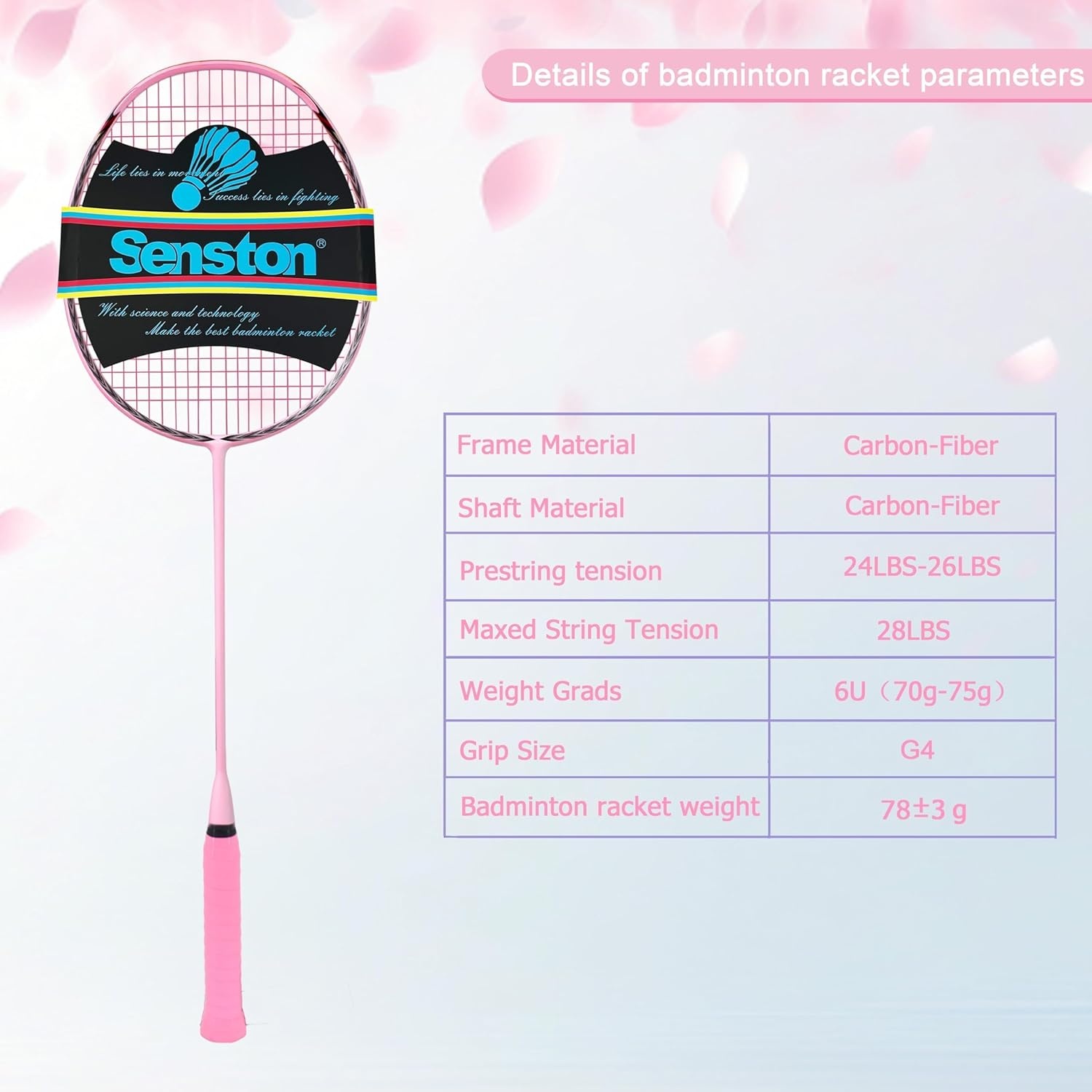 image:imageSenston N90 Badminton Racket 6U Single HighGrade Badminton Racquet Professional 100 FullCarbon Badminton RacketPink