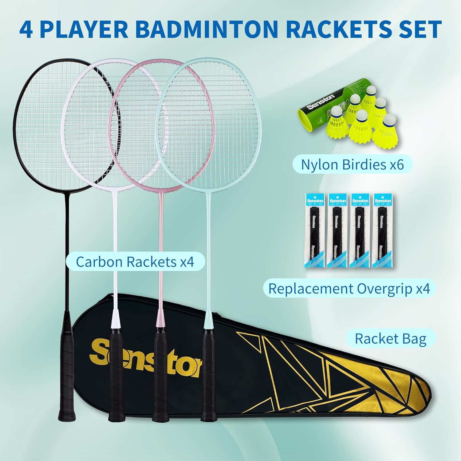 image:imageSenston Professional Badminton Rackets Set of 4 Carbon Fiber 6 Shuttlecocks 4 Grips amp Bag for Backyard Games 90g LightweightBlackWhitePinkGreen