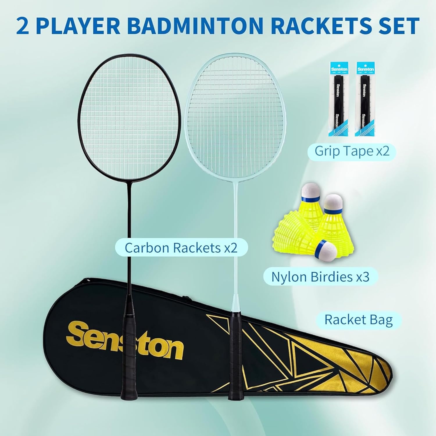 image:imageSenston Professional Badminton Rackets Set of 4 Carbon Fiber 6 Shuttlecocks 4 Grips amp Bag for Backyard Games 90g LightweightGreen Black