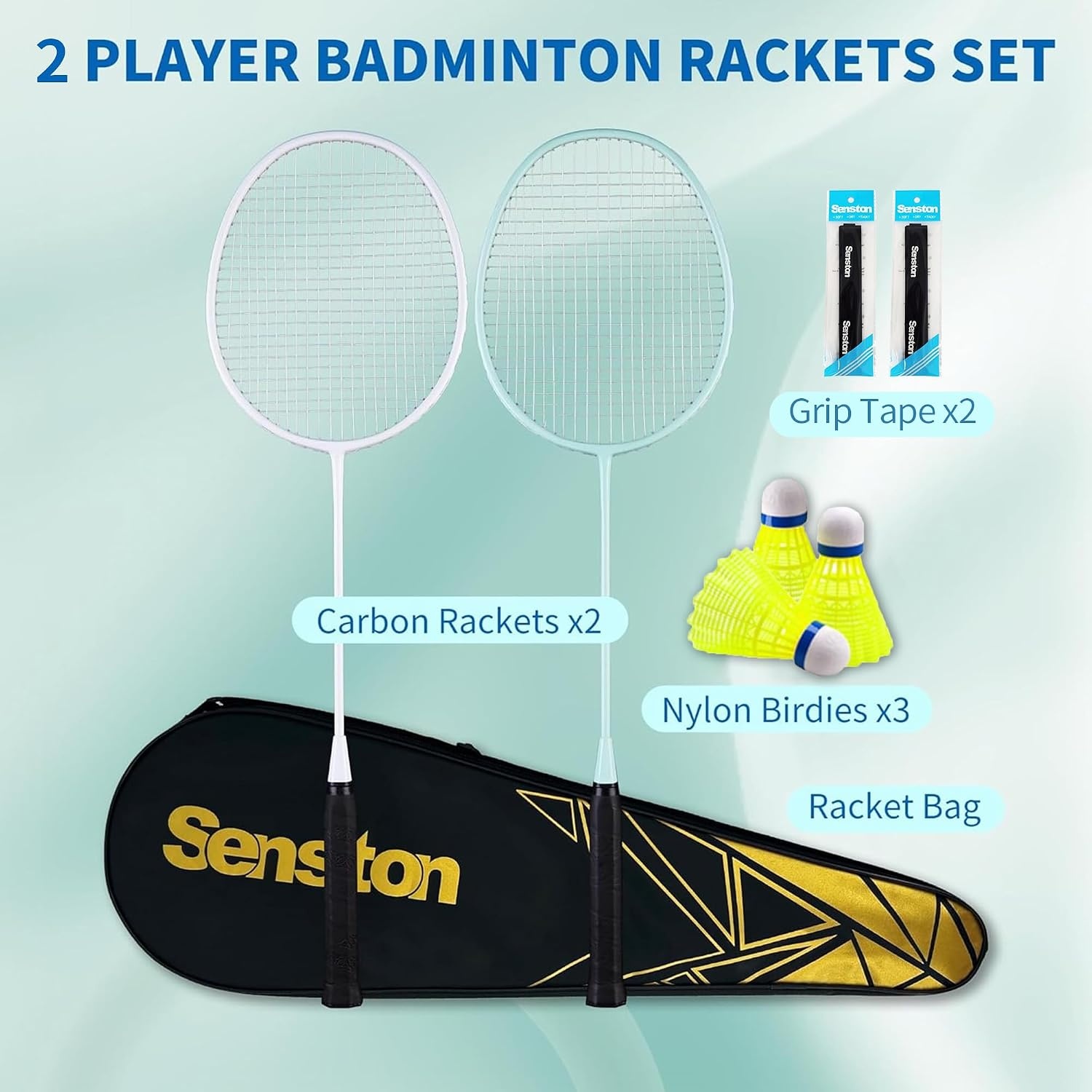 image:imageSenston Professional Badminton Rackets Set of 4 Carbon Fiber 6 Shuttlecocks 4 Grips amp Bag for Backyard Games 90g LightweightGreen White