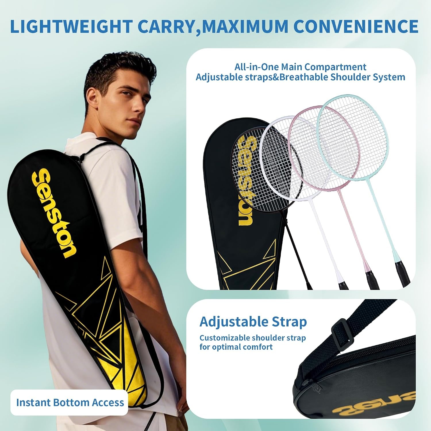 image:imageSenston Professional Badminton Rackets Set of 4 Carbon Fiber 6 Shuttlecocks 4 Grips amp Bag for Backyard Games 90g LightweightGreen White
