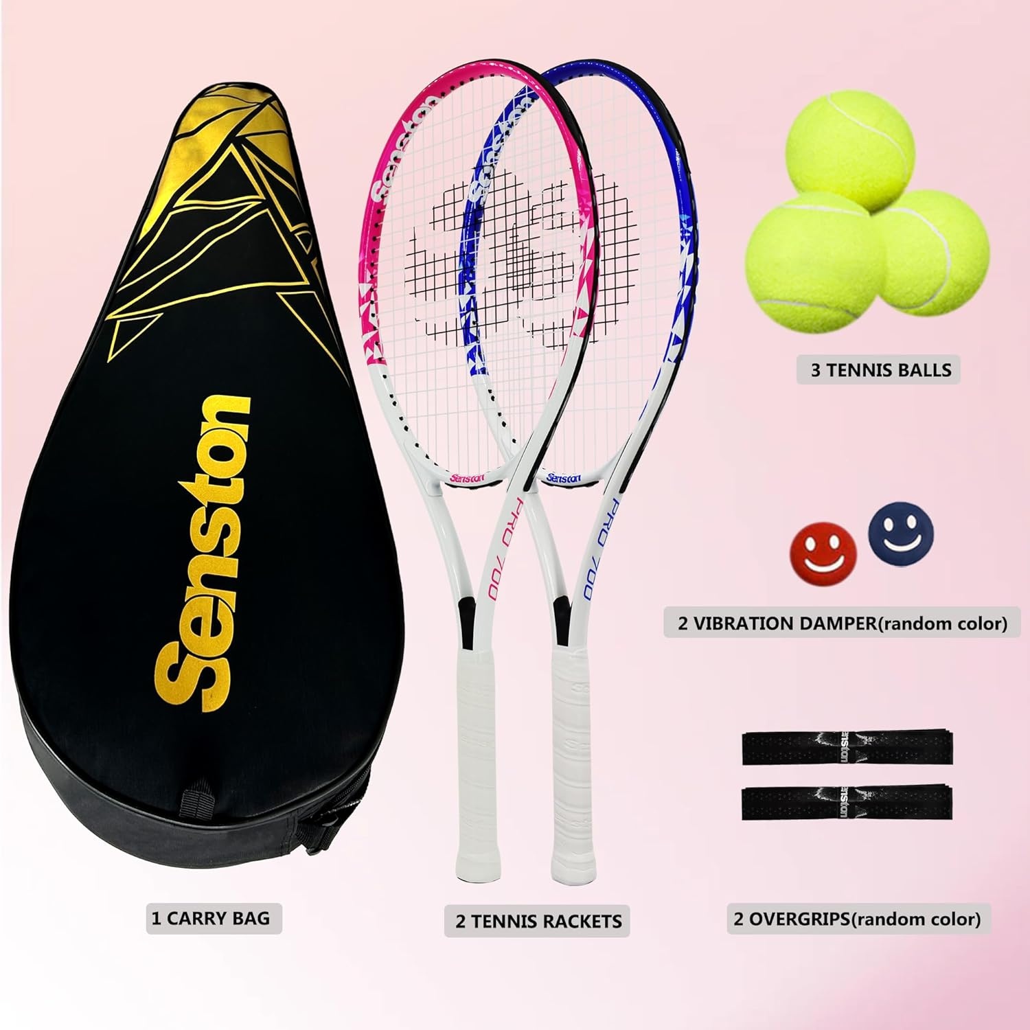 image:imageSenston Tennis Rackets for Adults 27 inch Tennis Racquets 2 Player Tennis Racket Set with 3balls2 Grips 2 Vibration Damperspinkblue