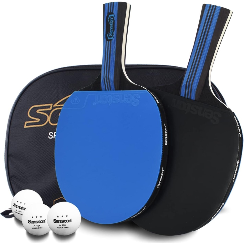 image:imageSenston 5Ply Ping Pong Paddles Set Premium Wood Table Tennis Set of 2 with 3 Balls amp Portable Carry Case HighControl 2mm Sponge amp Ergonomic NonSlip Grip for Beginners amp Family PlayBlue