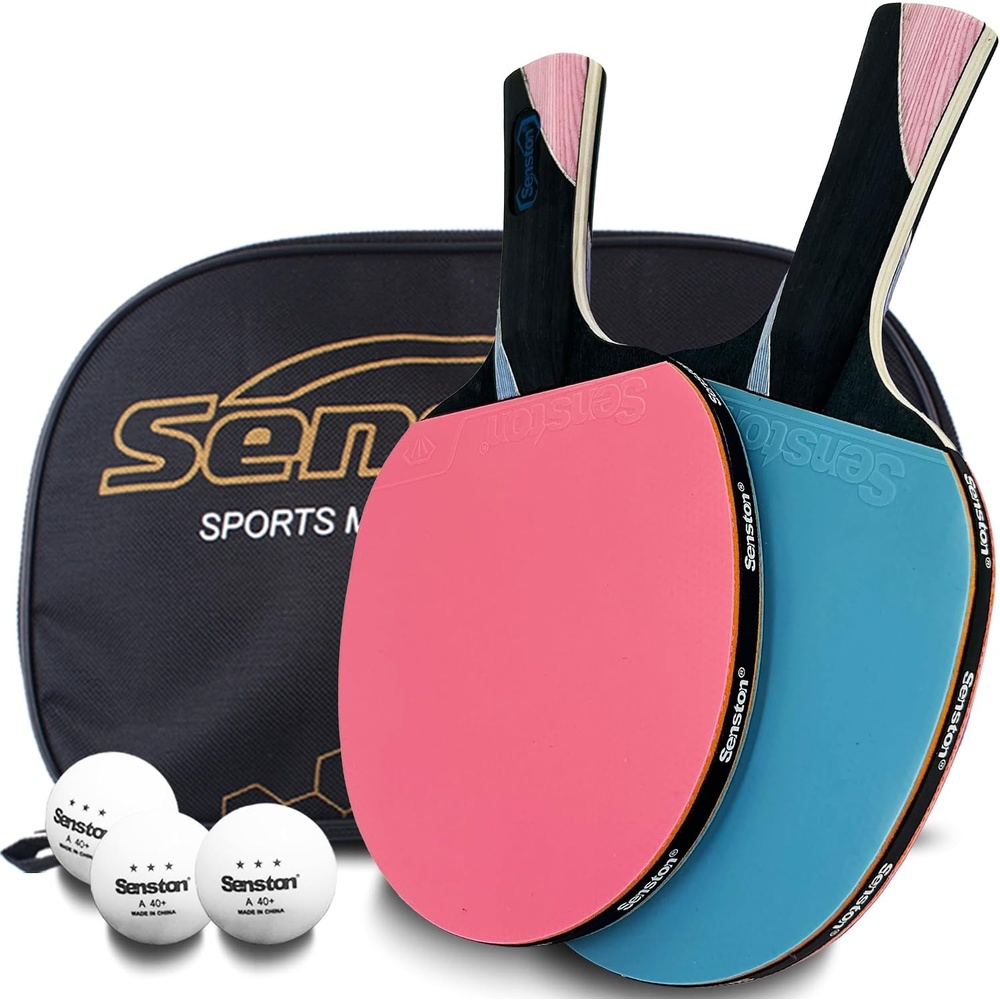 image:imageSenston 5Ply Ping Pong Paddles Set Premium Wood Table Tennis Set of 2 with 3 Balls amp Portable Carry Case HighControl 2mm Sponge amp Ergonomic NonSlip Grip for Beginners amp Family PlayPinkBlue