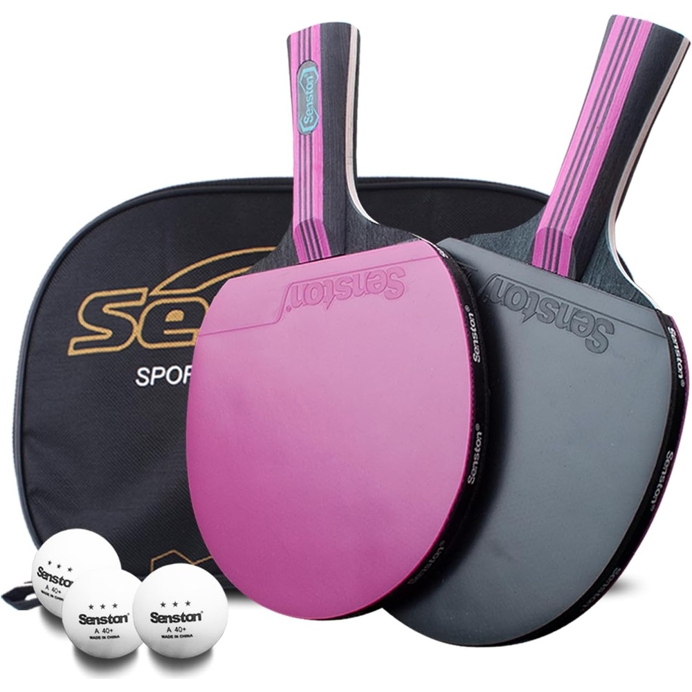 image:imageSenston 5Ply Ping Pong Paddles Set Premium Wood Table Tennis Set of 2 with 3 Balls amp Portable Carry Case HighControl 2mm Sponge amp Ergonomic NonSlip Grip for Beginners amp Family PlayPurple