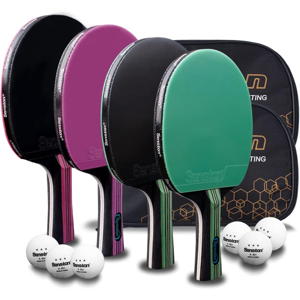 image:imageSenston 5Ply Ping Pong Paddles Set Premium Wood Table Tennis Set of 4 with 6 Balls amp Portable Carry Case HighControl 2mm Sponge amp Ergonomic NonSlip Grip for Beginners amp Family PlayGreenPurple