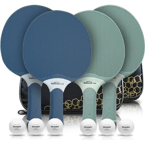 image:imageSenston Table Tennis Rackets SetProfessional Ping Pong Paddle Set for 4 Players Composite Rubber Table Tennis Paddles Indoor or Outdoor Gamesbluegreen