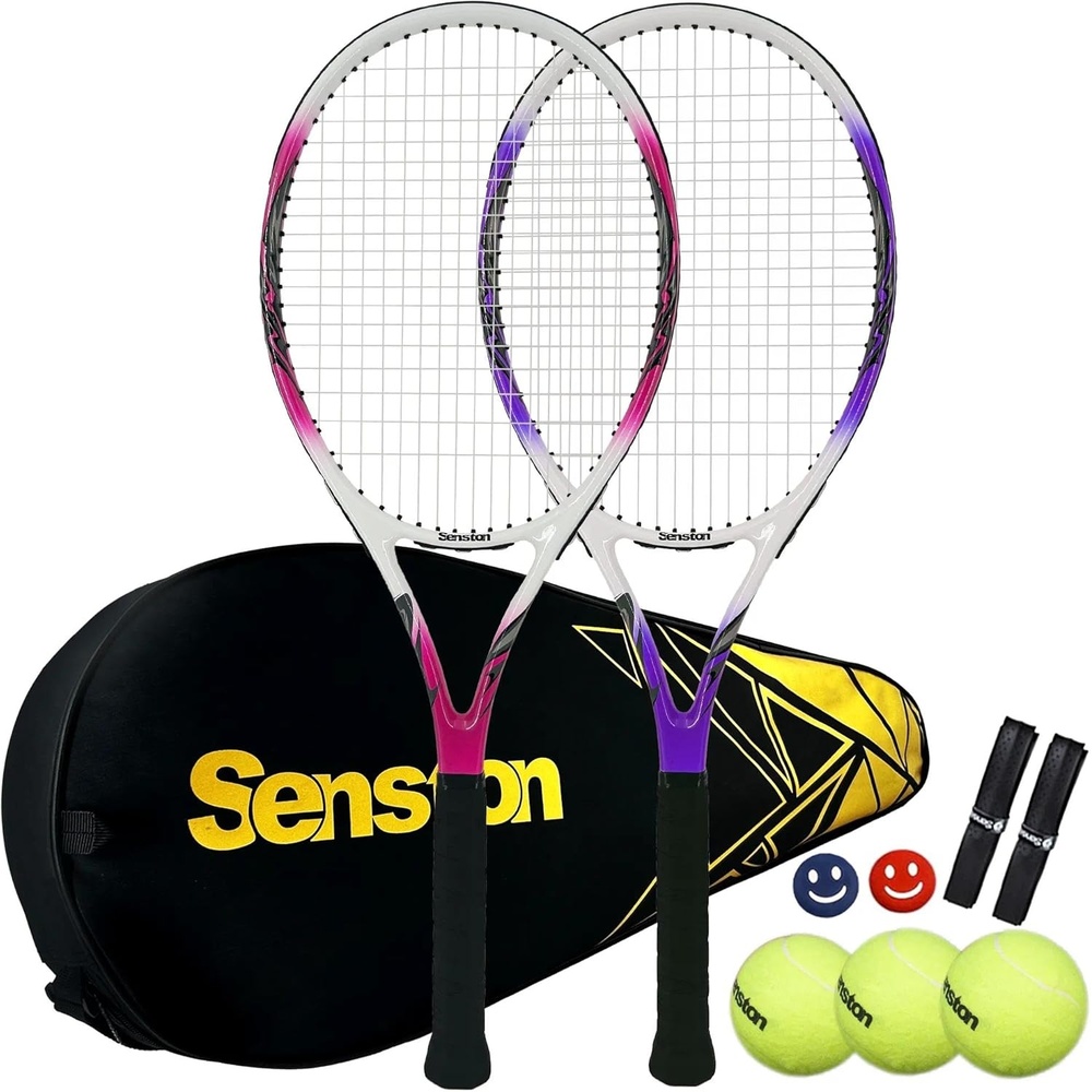 image:imageSenston Tennis Rackets for Adults 27 inch Tennis Racquets  2 Player Tennis Racket Set with 3balls2 Grips 2 Vibration DampersPurplePink